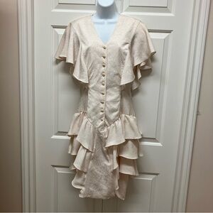 Vintage Sophisticate 80s party dress, ruffle sleeve, flounce hem, cream beige